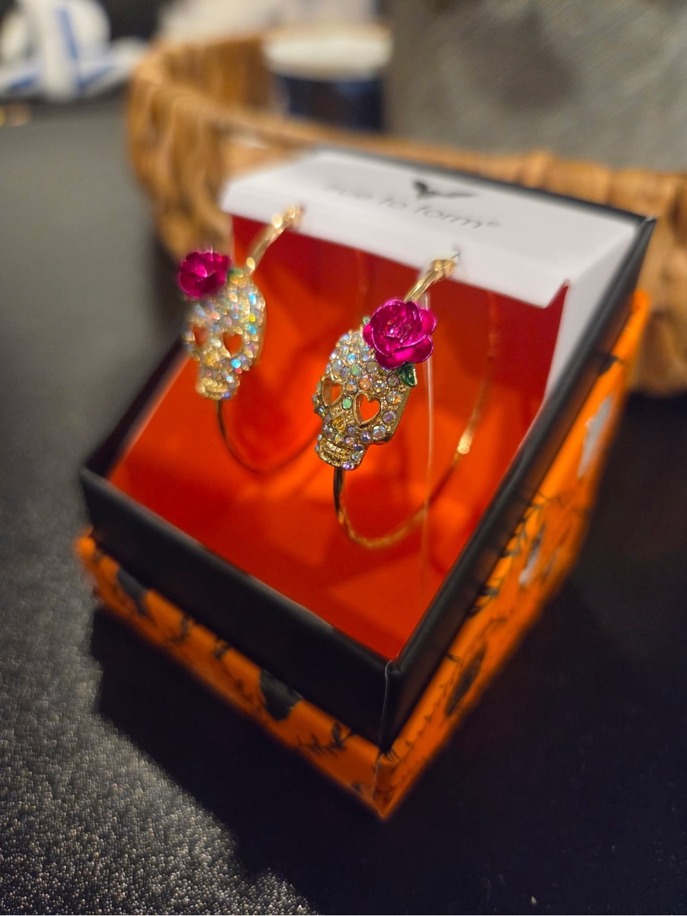 Gold Hoop Earrings with Crystal Day of the Dead Skull & Pink Rose #halloween